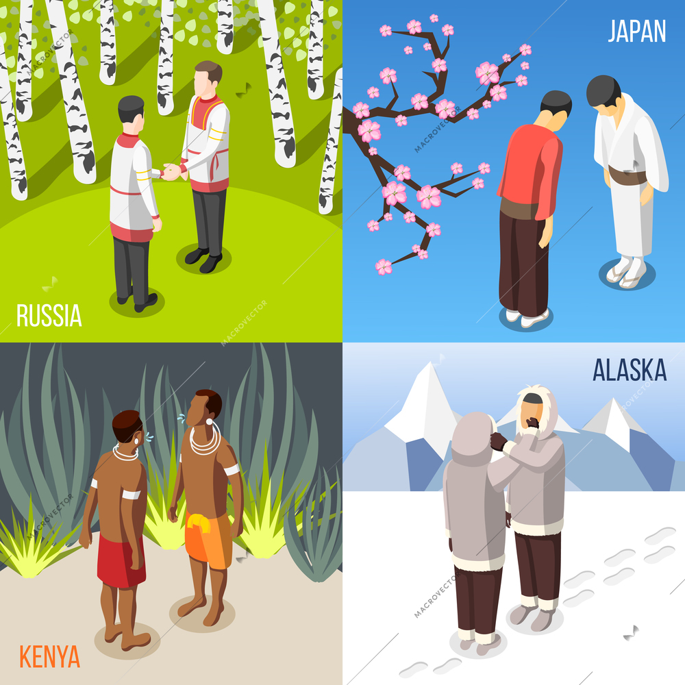 People from different countries greeting each other 2x2 isometric concept 3d isolated vector illustration