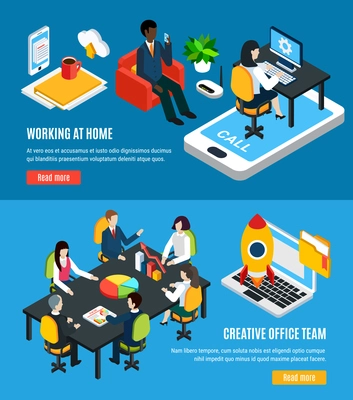 Business people isometric set of two horizontal banners with read more buttons text and office images vector illustration