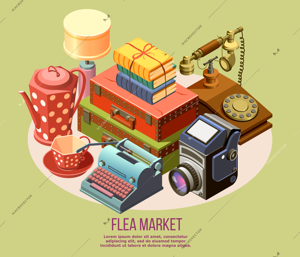 Vintage goods from flea market isometric composition with typewriter camera telephone books 3d vector illustration