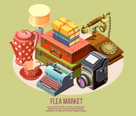 Vintage goods from flea market isometric composition with typewriter camera telephone books 3d vector illustration