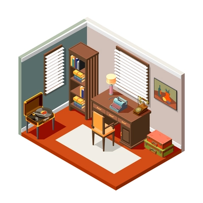 Room with interior objects from flea market isometric composition on white background 3d vector illustration