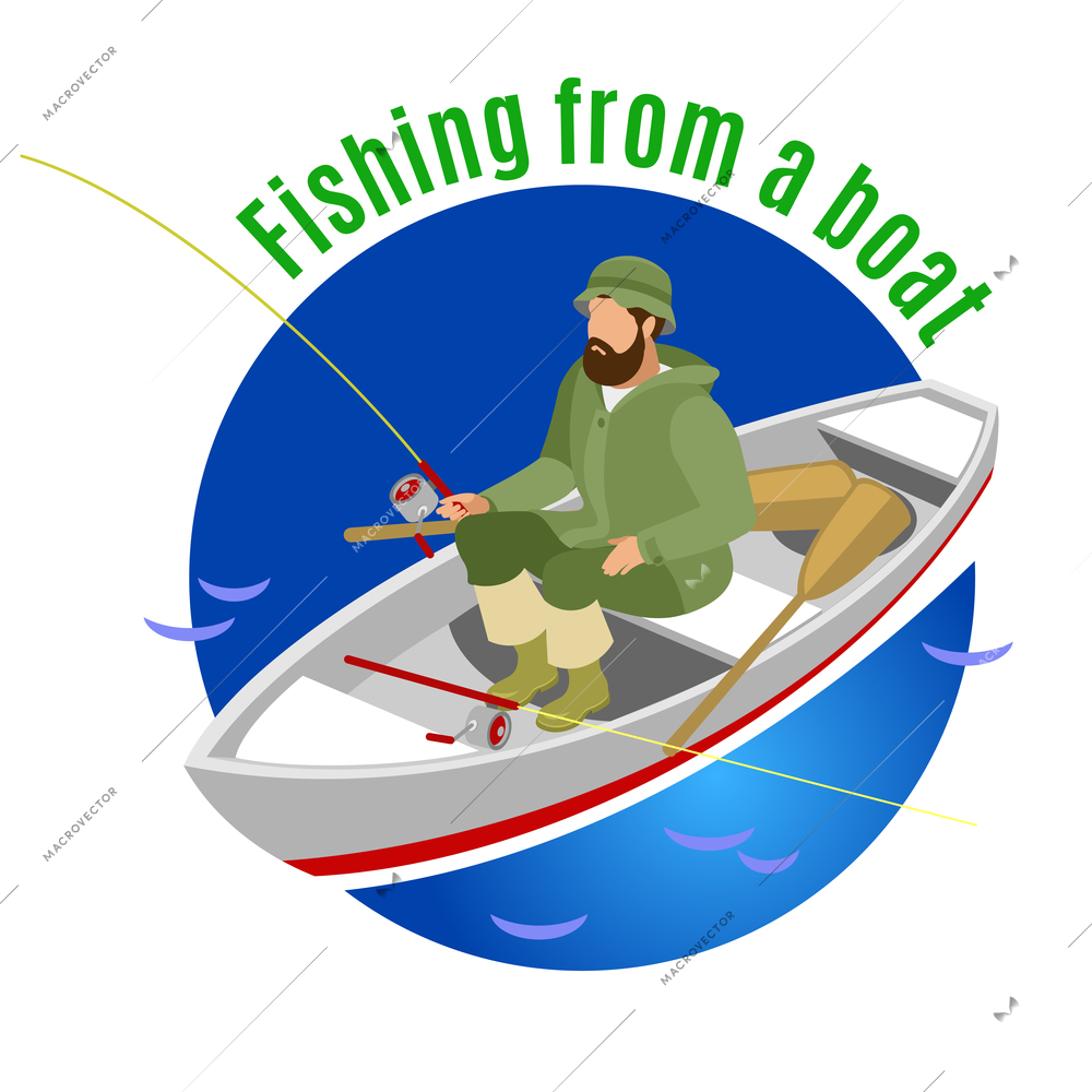 Fisher in protective clothing during fishing from boat on blue round background isometric vector illustration