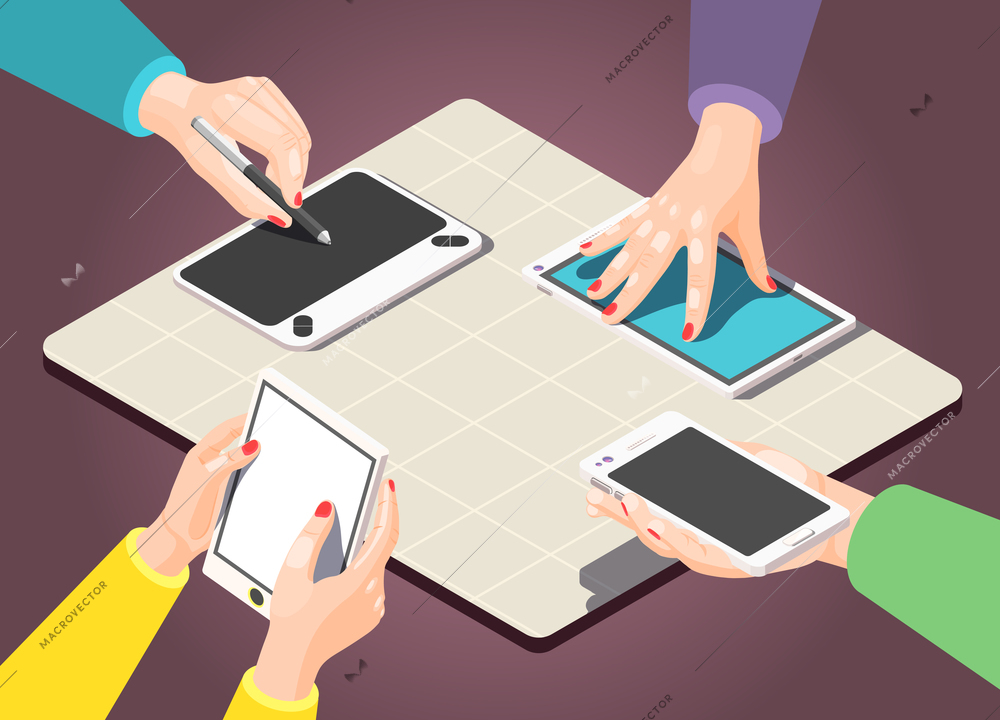 Isometric background with four pairs of female hands using different gadgets 3d vector illustration