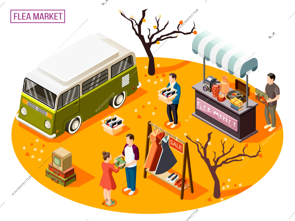 Isometric composition with people doing shopping at outdoor flea market 3d vector illustration