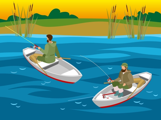 Fishers in boats with spinning rods during catching fish on river isometric vector illustration