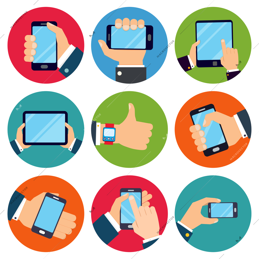 Human hands set holding mobile phones and tablet devices isolated vector illustration