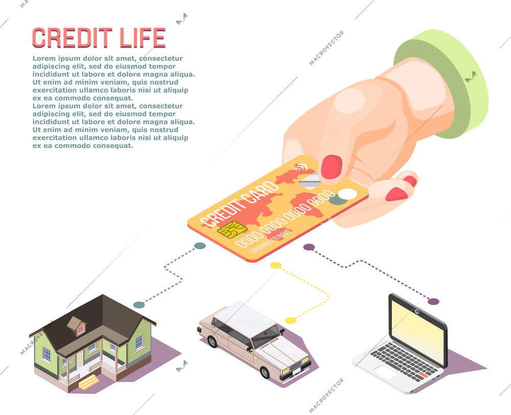 Isometric colorful concept with female hand holding credit card and delivering different payments 3d vector illustration