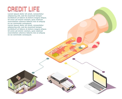 Isometric colorful concept with female hand holding credit card and delivering different payments 3d vector illustration