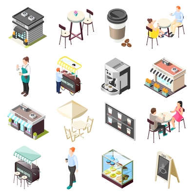 Isometric icons set with street cafe building and interior and people drinking coffee isolated on white background 3d vector illustration