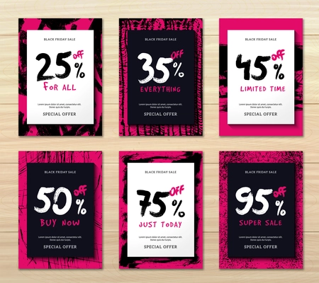 Flat design set of six vertical black friday discounts banners isolated on wooden background vector illustration