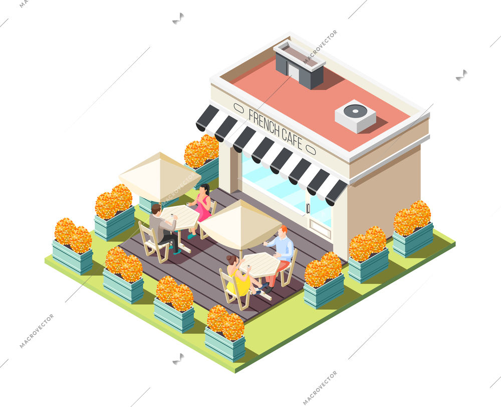 Isometric composition with french street cafe and people drinking coffee outdoors on white background 3d vector illustration