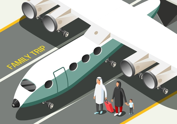 Isometric composition with arabic family near airplane 3d vector illustration