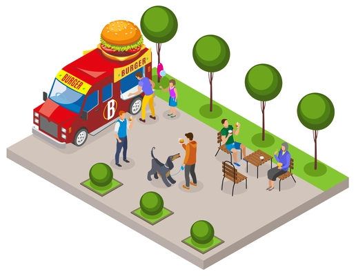 Street food vehicle with trade of burger with customer area for eating isometric composition vector illustration