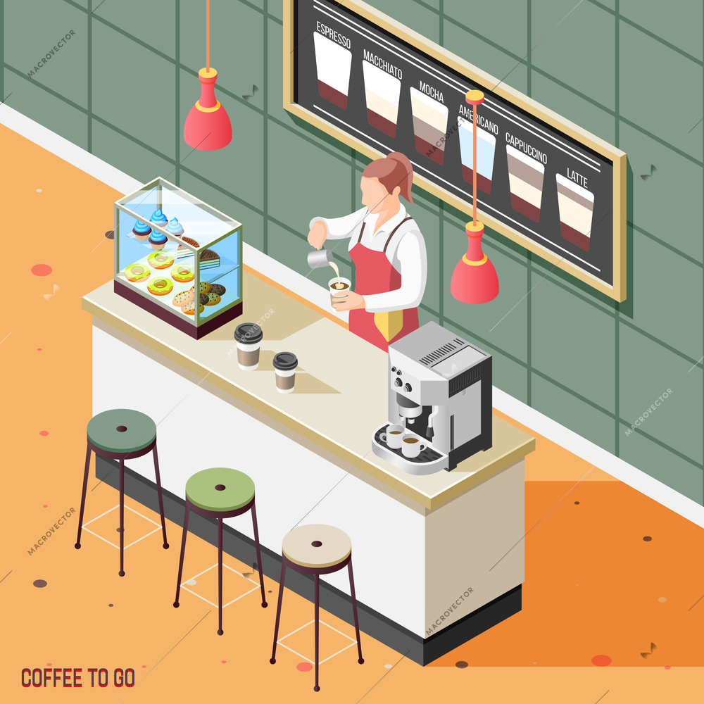 Isometric background with barista making coffee in street cafe 3d vector illustration