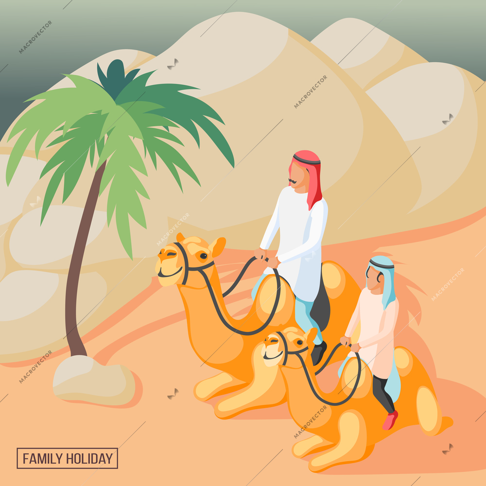 Arabic family riding camels in desert isometric background 3d vector illustration