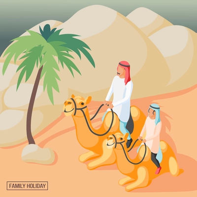 Arabic family riding camels in desert isometric background 3d vector illustration