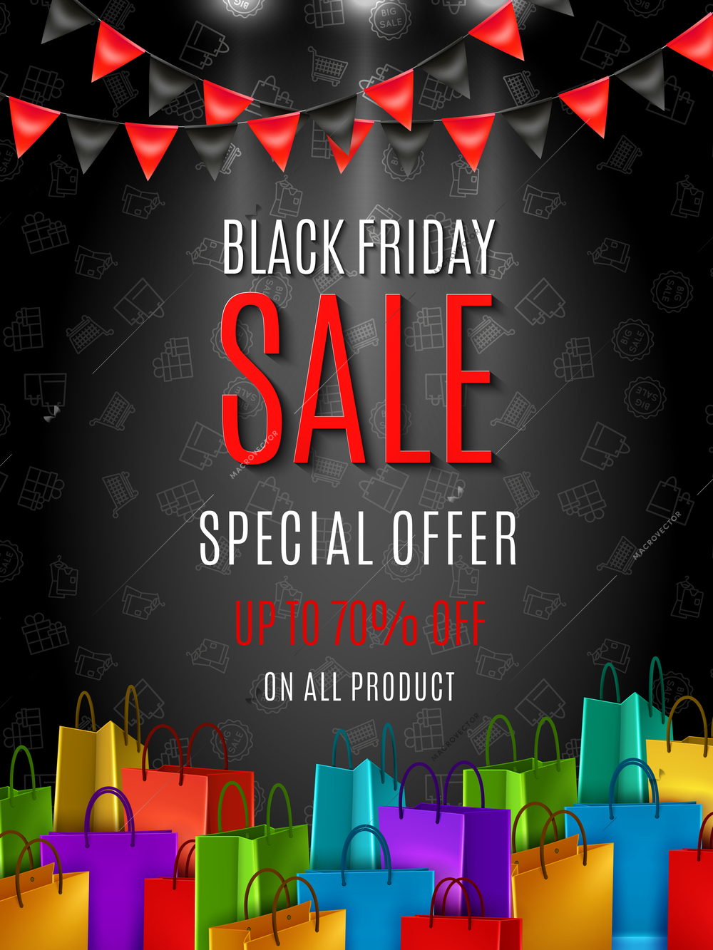 Black friday sale special offer poster with colorful shopping bags on dark background flat vector illustration