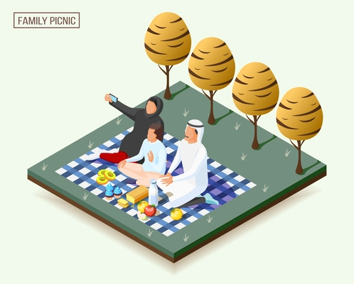 Arabic family having picnic and taking photos isometric composition 3d vector illustration