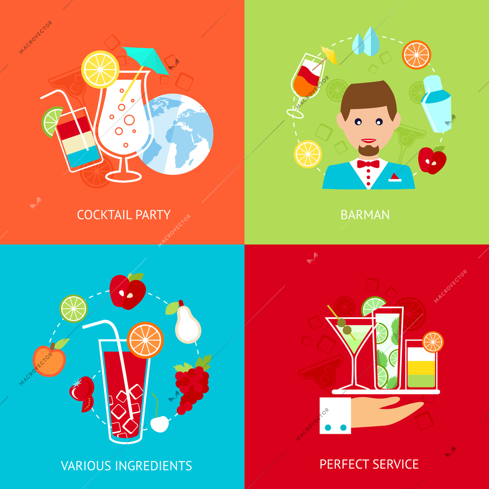 Cocktail party barman various ingredients perfect service decorative icons set isolated vector illustration