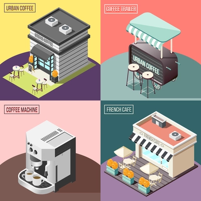 Isometric 2x2 design concept with street cafes trailer and coffee machine on colorful background 3d isolated vector illustration