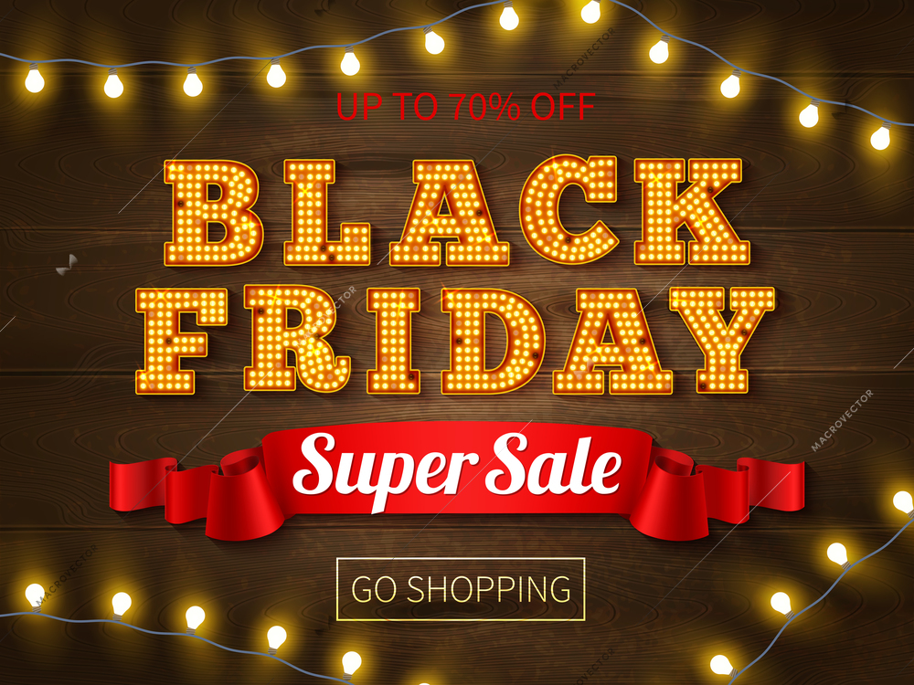 Realistic background with black friday super sale advertsiment bright text and string of lights vector illustration