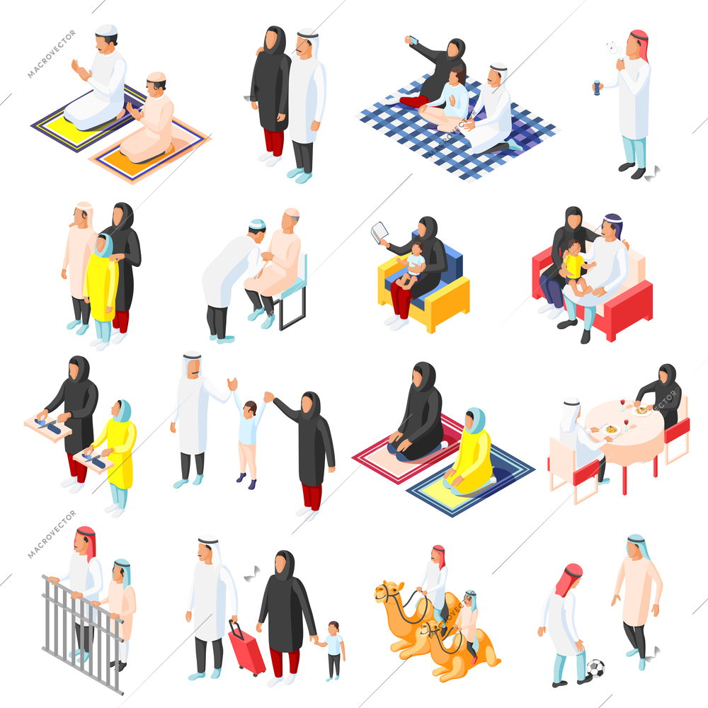 Isometric icons set with arabic families and their children in different situations isolated on white background 3d vector illustration