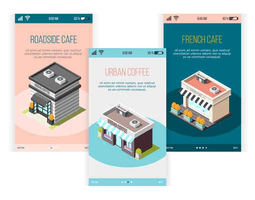 Isometric banners set with street coffee roadside cafe exterior 3d vector illustration