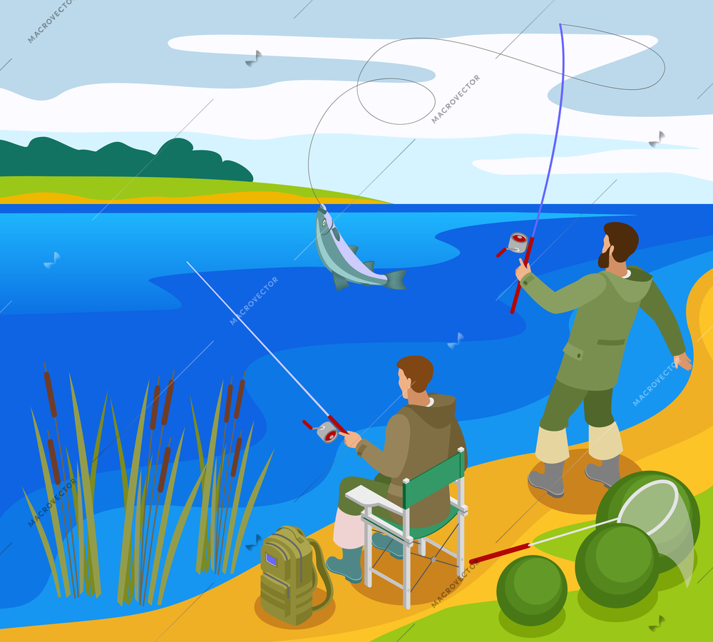 Fishermen with tackles during catching fish on bank river isometric composition vector illustration