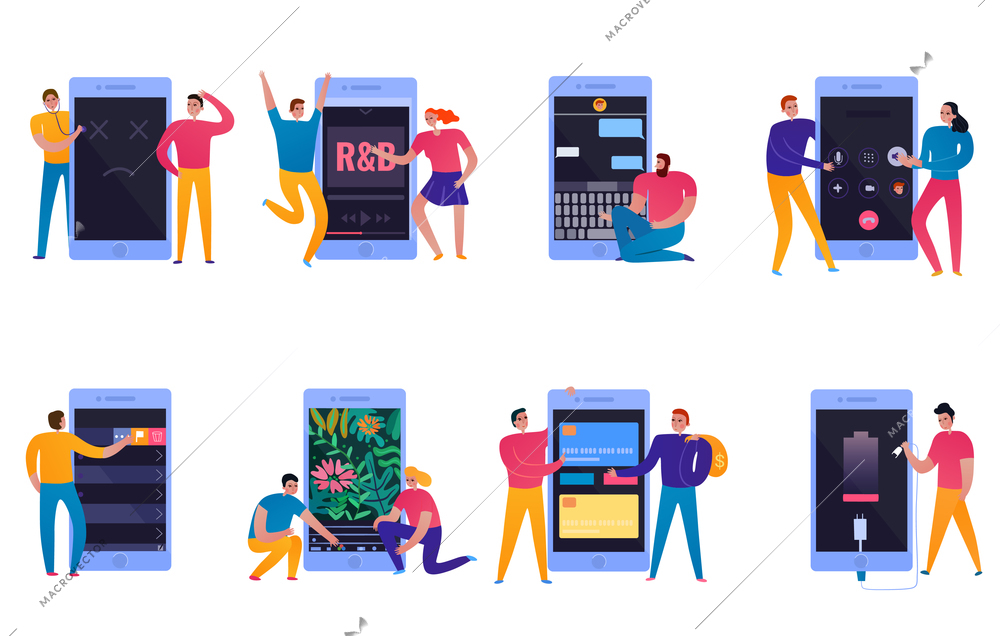 People with smartphone listening to music chatting sending email colorful flat icons set isolated vector illustration