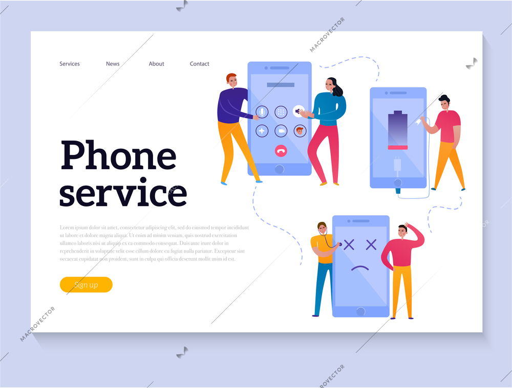 Phone service interaction horizontal banner with technical support icons flat vector illustration