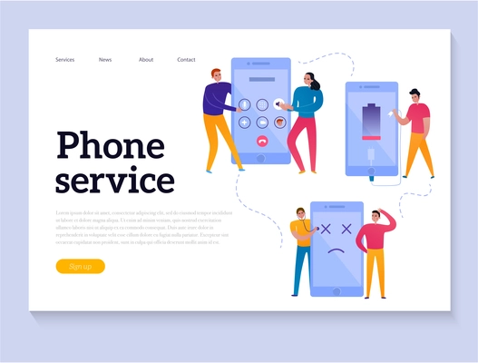 Phone service interaction horizontal banner with technical support icons flat vector illustration