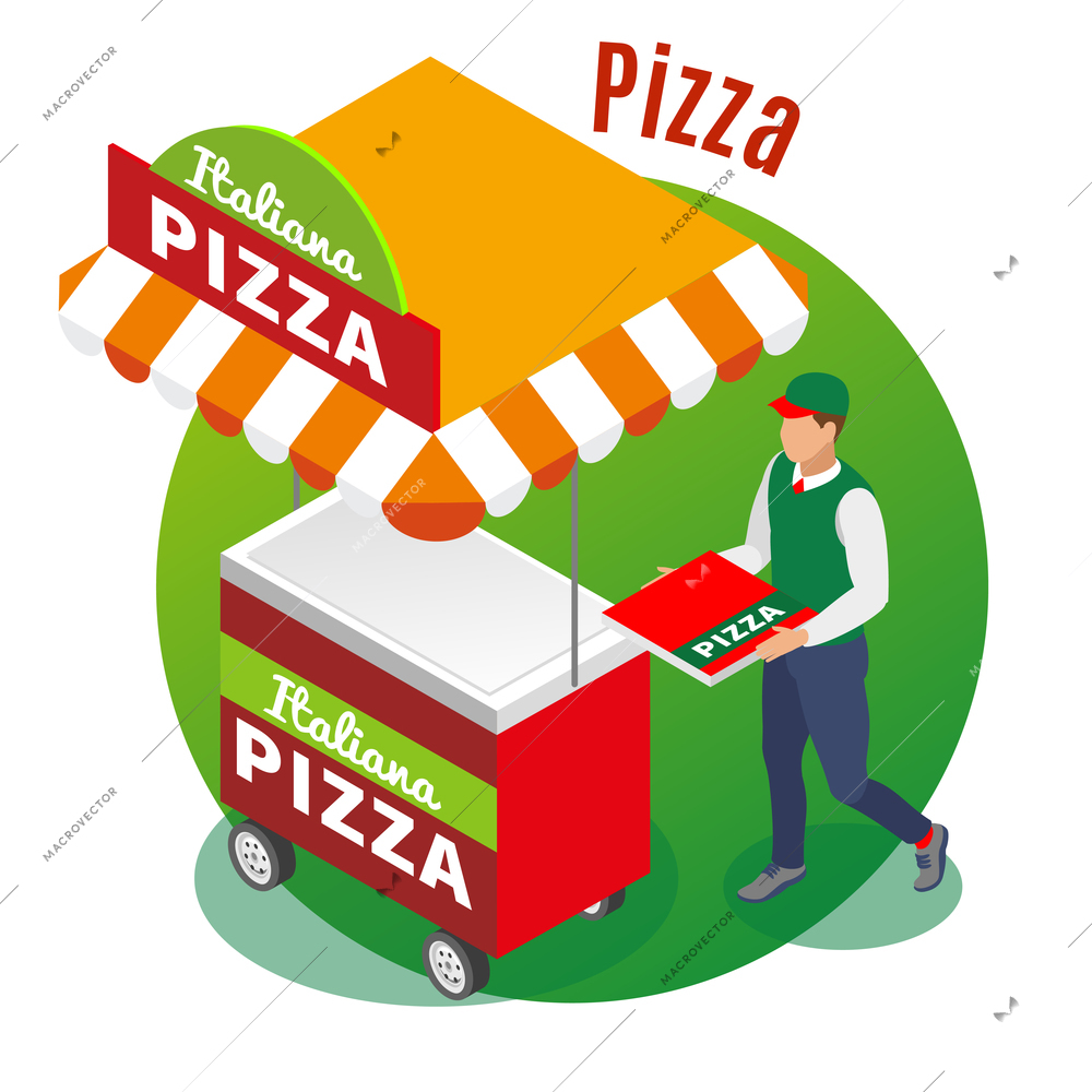 Street food cart and seller of pizza on  round green background isometric vector illustration