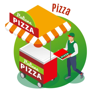 Street food cart and seller of pizza on  round green background isometric vector illustration