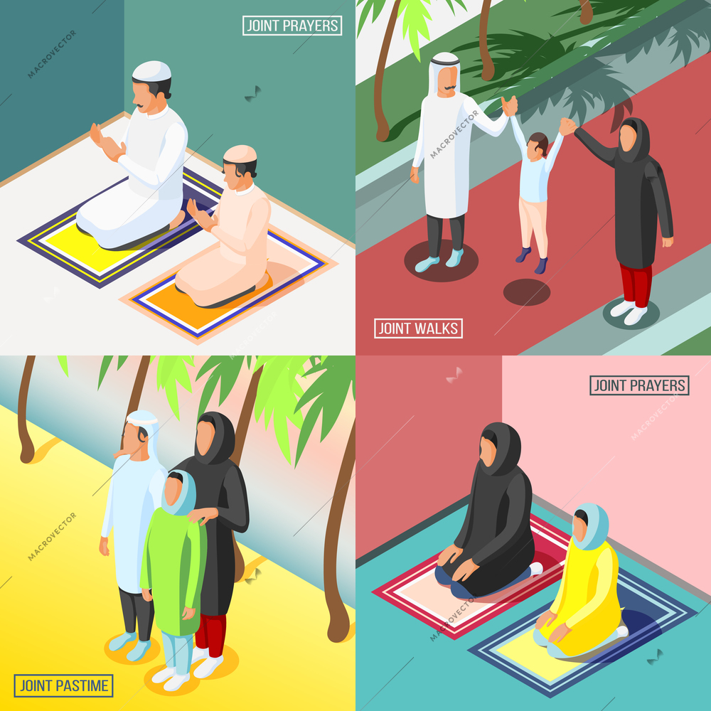 Praying and walking arabic families with their children 2x2 isometric design concept 3d isolated vector illustration