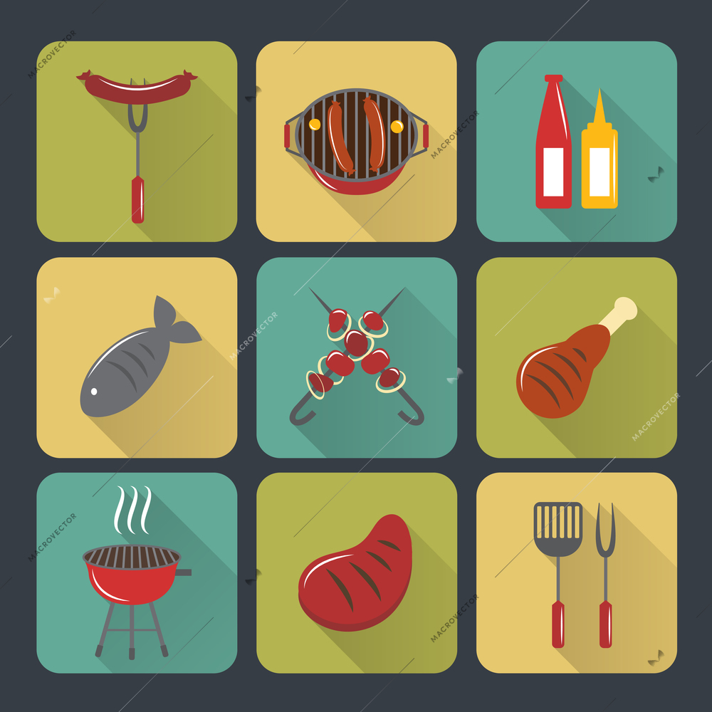 Fish and meat bbq food grilled sausages and steak flat set isolated vector illustration