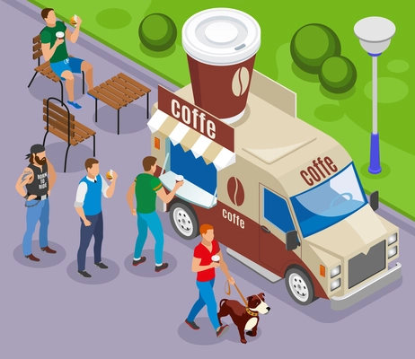 Street food car with trade of coffee isometric composition with customers in queue vector illustration