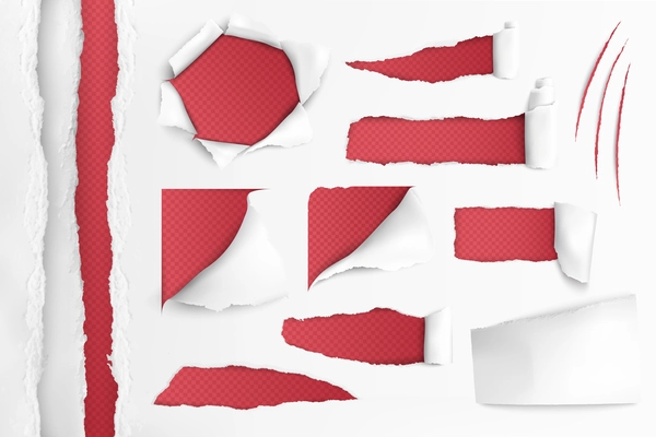 Set of holes in white paper with ripped edges over red background realistic vector illustration