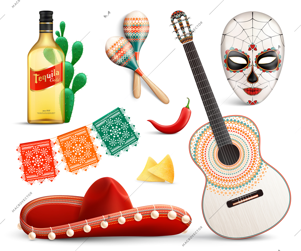 Mexico realistic set of carnival mask sombrero  tequila traditional festival symbols guitar and other music accessories vector illustration