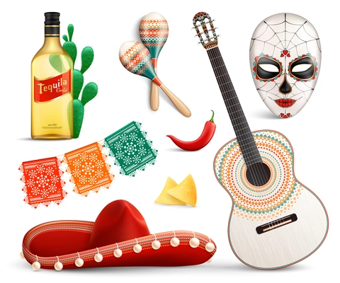 Mexico realistic set of carnival mask sombrero  tequila traditional festival symbols guitar and other music accessories vector illustration