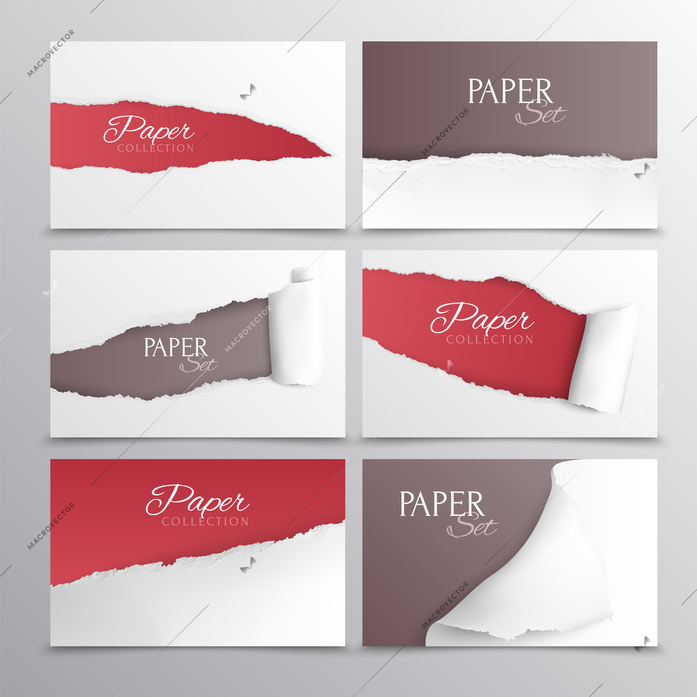 Torn paper cards realistic set in modern design with place for invitation or advertising text isolated vector illustration