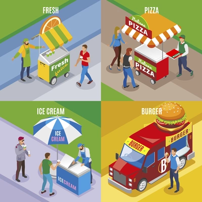 Street food isometric design concept with fresh juice pizza ice cream and burger isolated vector illustration
