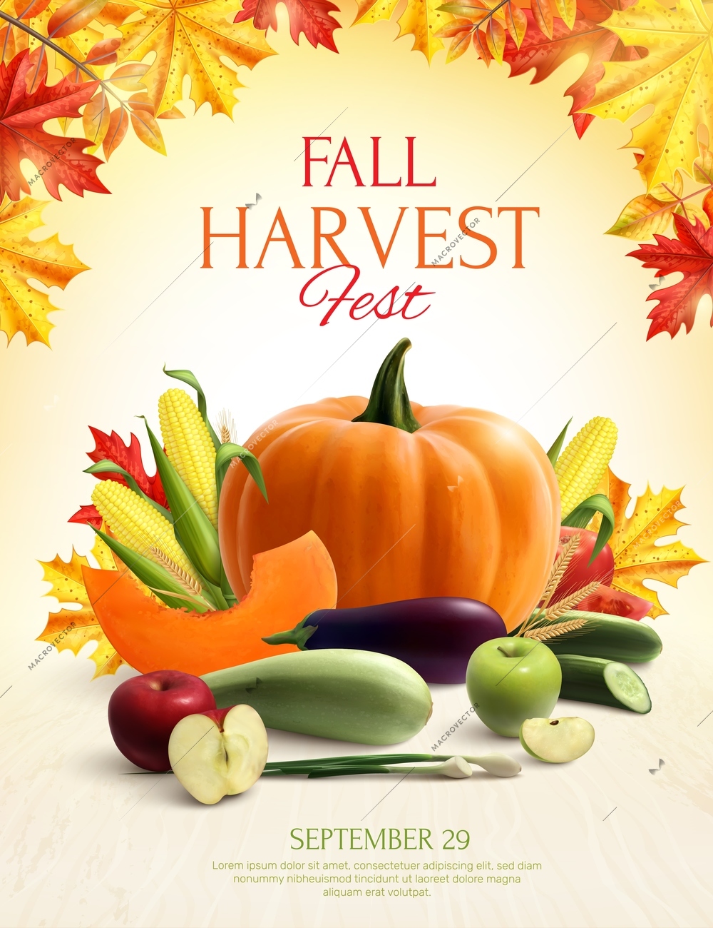 Fall harvest colorful composition with set of vegetable and fruits and autumn leaves realistic vector illustration