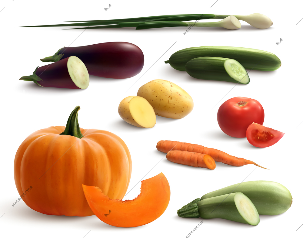 Cutted vegetables  set of carrot  pumpkin cucumber eggplant  zucchini potato onion realistic icons isolated vector illustration