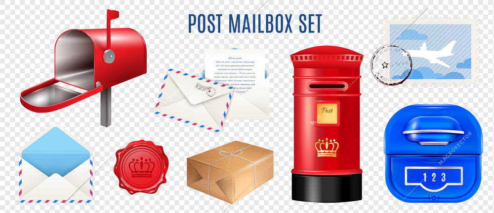 Set of realistic postage elements mail boxes letter and parcel isolated on transparent background vector illustration