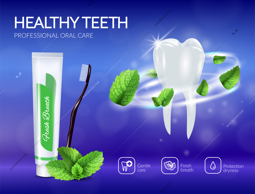 Realistic tooth with swirl from mint leaves and dental care products poster on blue background vector illustration