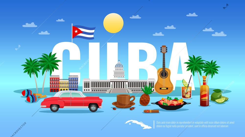 Cuba travel background with resort and holiday symbols flat vector illustration