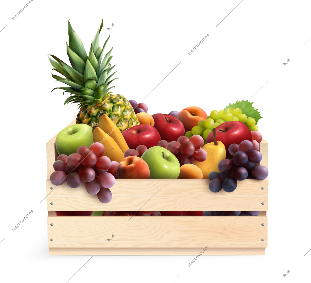 Set of exotic fruits in wooden box on white background realistic design concept vector illustration