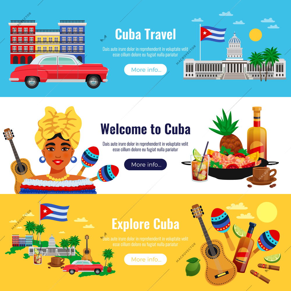 Cuba travel horizontal banners set with  landmarks symbols flat isolated vector illustration