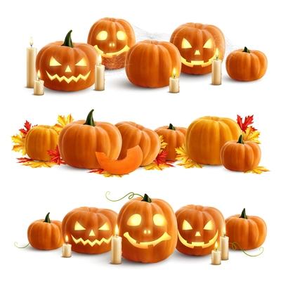 Pumpkins and candles realistic compositions for decoration halloween or thanksgiving day holidays vector illustration