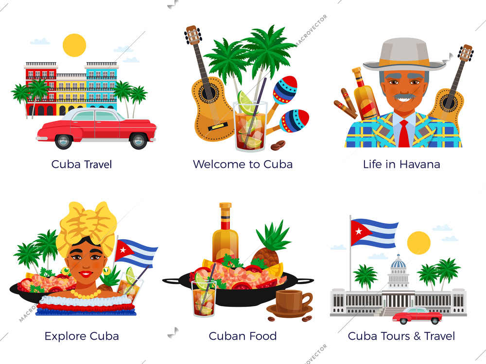 Cuba travel icons set with food and music symbols flat isolated vector illustration